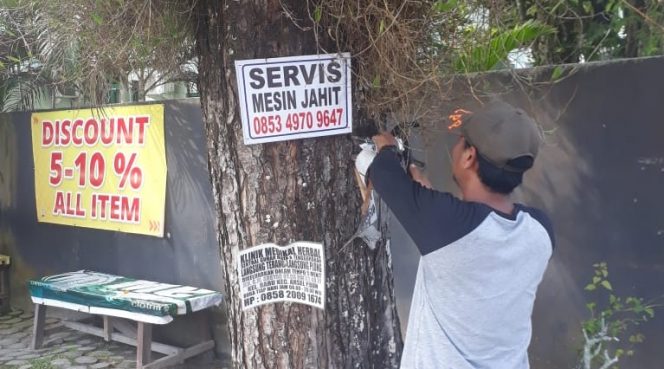 Petugas Satpol PP Kobar saat mencatat stiker iklan yang dipasang di pohon Jumat (22/11/2019). 