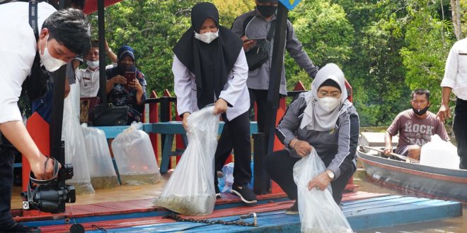 Diskan Kota Tebar Benih Ikan di Danau Tahai