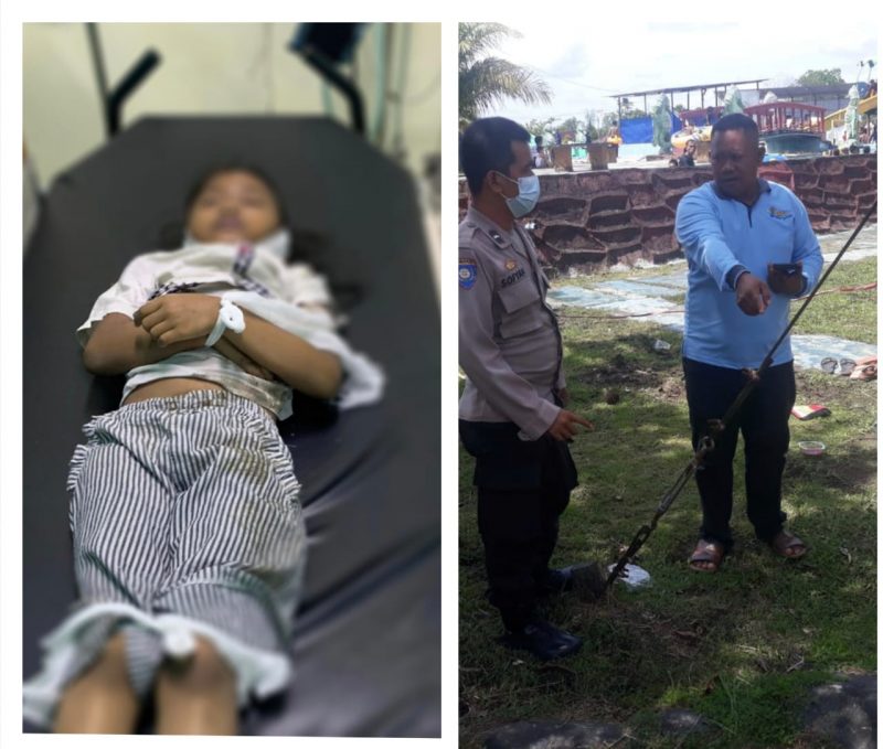 Jasad korban saat dievakuasi ke RSUD Murjani Sampit. Insert  petugas kepolisian saat berada di lokasi kejadian tempat kawat sling, Sabtu (1/1/2021). 