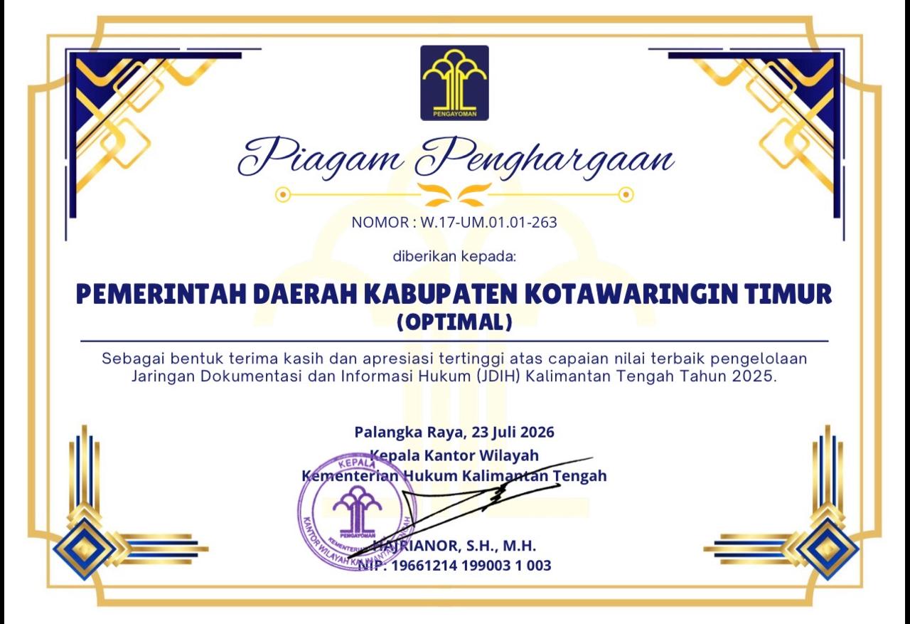 Pemkab Kotim Raih Piagam Penghargaan dari Kanwil Kemenkumham Kalteng